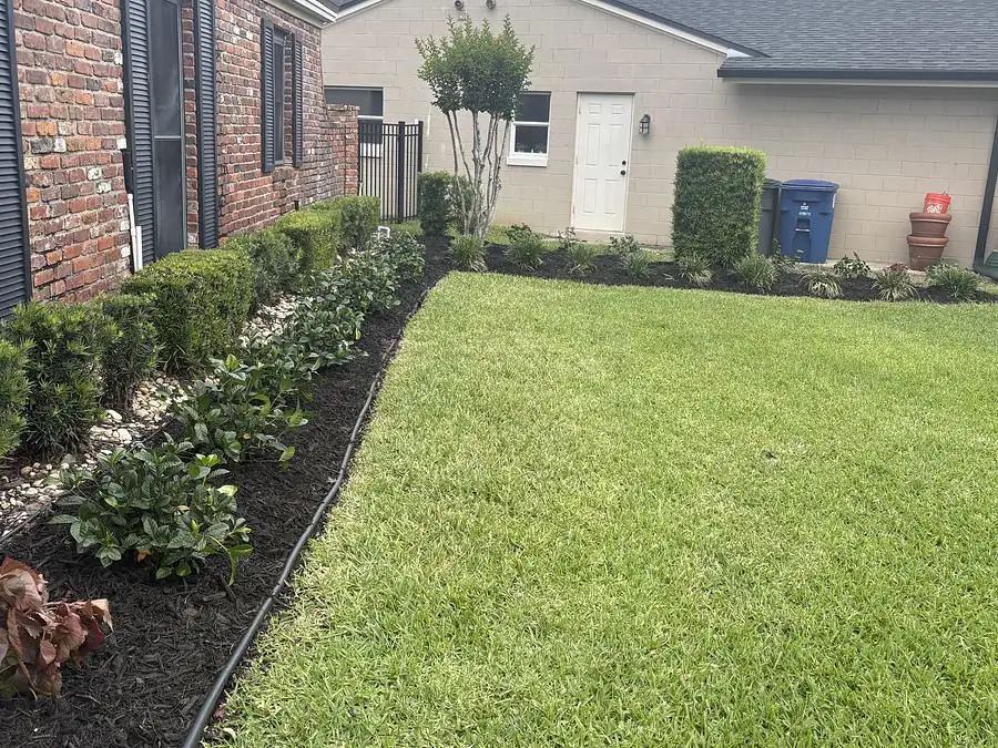 Side yard with shaped shrubs, a fresh bed line, and an even green lawn